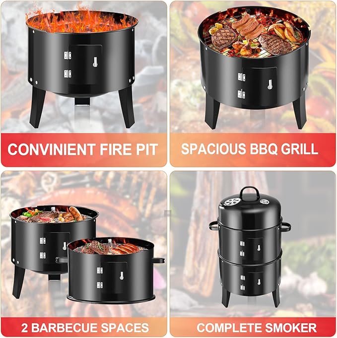 Vertical 19Inch Round Charcoal Smoker GrillHeavy-Duty BBQ Smoker for Outdoor Smoking Multi-Layer Pellet Ideal for Meats-Offset Charcoal Grill with HookThermometerBlack