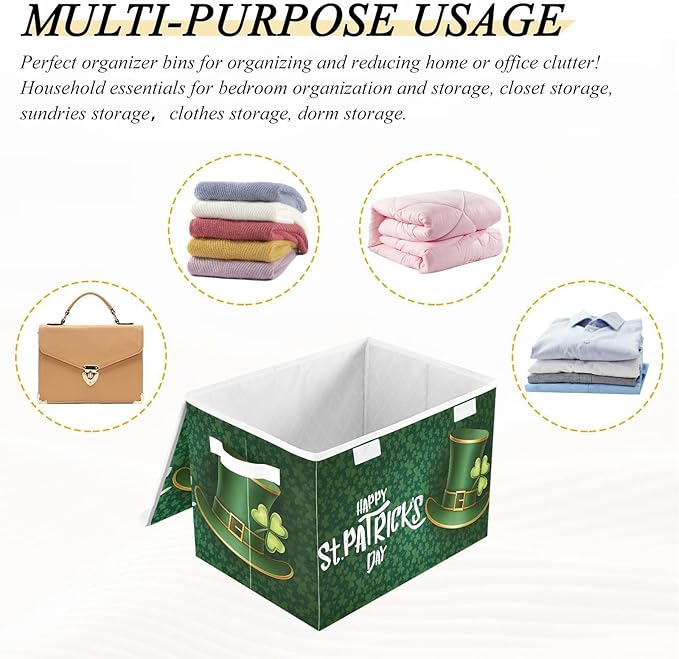 senya St. Patrick's Day Storage Baskets Collapsible Storage Bins with Lids Saint Patrick's Day and Green Hat on Shamrock Storage Boxes Clothes Baskets for Organizing