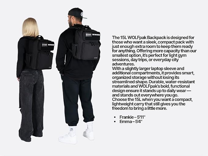 WOLFpak 15L Slim Tactical Gym Backpack - Durable 1000D Waterproof Oxford Material | Minimalist Daypack w/Laptop Pocket &amp Dual Cup Holders | Great for Travel &amp EDC | (Alpha Black White Accents)