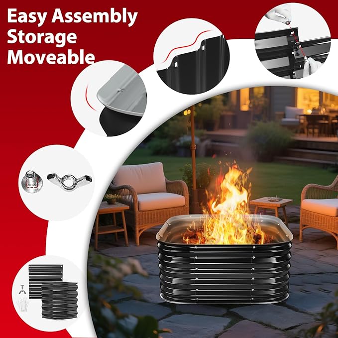 Height 16.5 Inch Square Galvanized Steel Fire Pit for Outside Heavy Duty Steel Fire Pit In-Ground for Backyard Camping Bonfire Flower Raised Garden Bed for Garden (2.3x2.3x1.5ft)
