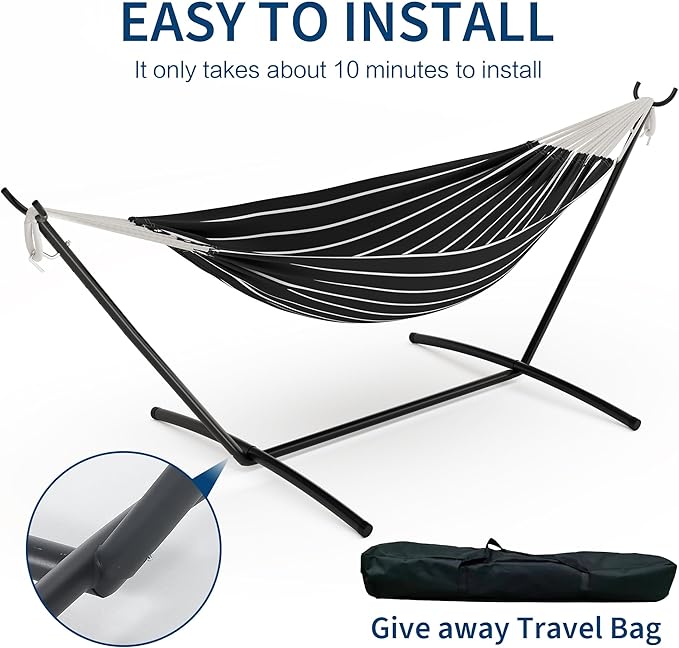 GAOMON Double Hammock with Steel Stand for Outside Portable Space Saving for Indoor Outdoor Patio w/Carrying Bag 450 lbs Capacity - Onyx Stripes