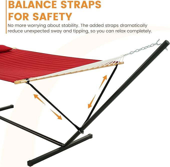 Lazy Daze Hammocks 2 Person Portable Hammock with 12FT Stand for Outside Quilted Double Hammock with Spreader Bar and Detachable Pillow 450lbs Capacity Perfect for Outdoor Patio Burgundy
