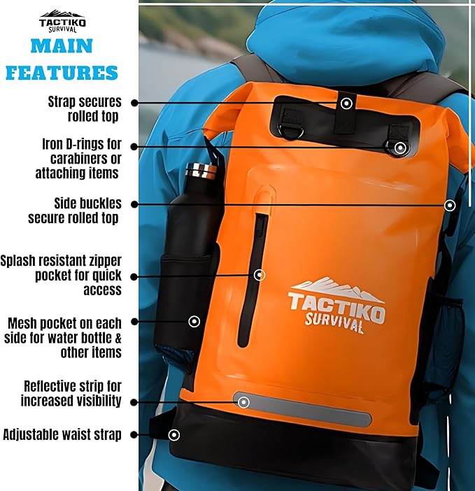 Tactiko 30L 100% Waterproof Backpack &amp 2L Splashproof Tarpaulin Zipper Pouch - Roll Top Dry Bag for Watersports &amp Travel Bag - Protection from Water Mud Sand Outdoor Camping (Orange)
