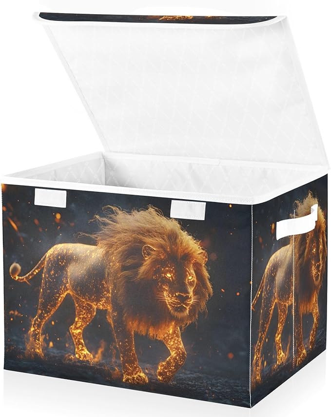 AIXIWAWA Lidded Storage Cube (Lion with Flame) Fabric Foldable Closet Bins with Flip Lid and Handles Organizer Basket Container 16.5 x 12.6 x 11.8 IN