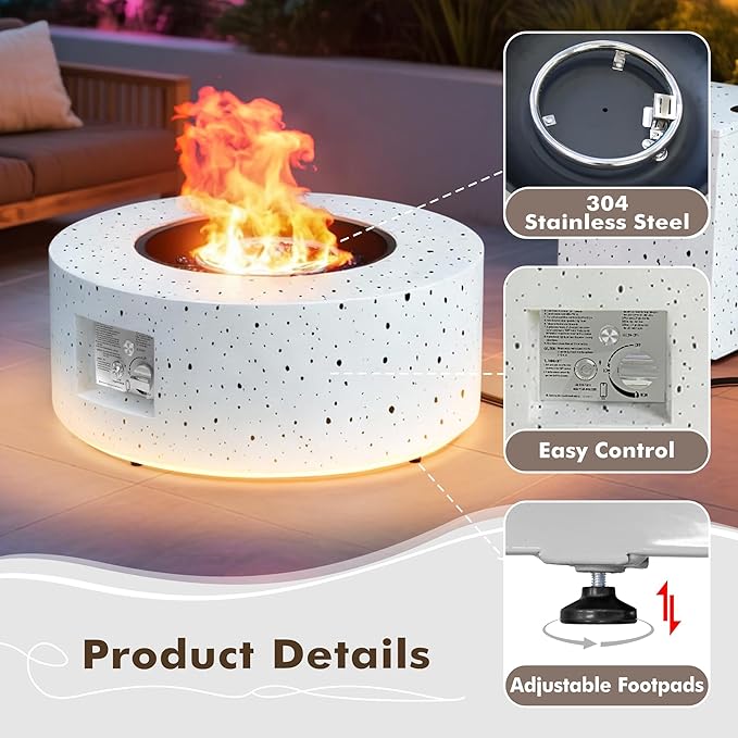 30 Round Propane Fire Pit Table - 50K BTU with Lid Rocks Tank Storage and Cover - Round Gas Fire Pits for Outside Patio - Outdoor Table with Firepit (White/Golden Light 30 Round)