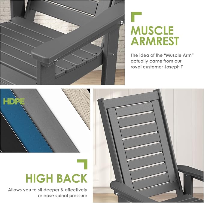 GREENVINES Outdoor Rocking Chairs | Set of 4 | Porch Rocker | HDPE Plastic | Grey | Oversized Rockers | High Back | Big &amp Tall | Ladder Back | for Patio Outside Backyard Balcony Garden