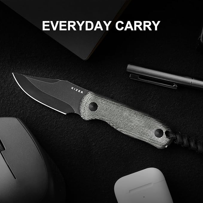 Kizer Drop Bear Fixed Blade Knife 2.6 AEB-L Black Stonewash Blade EDC Camping Knife with Black Micarta Handle &amp Hidden Tools Full Tang Hunting Survival Knives with Adjustable Kydex Sheath 1092