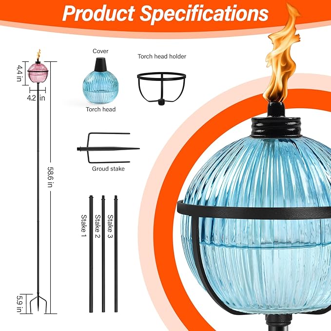 Citronella Torches Set of 4 Large Capacity 16 oz Outdoor Glass Torch Garden Décor58.6 - Inch Upgraded Citronella Torches with 3-Prong Grounded Stake for Yard Patio Gatherin