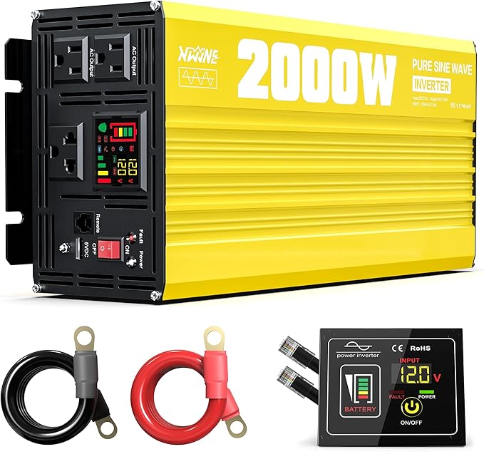 XWJNE 2000 Watt Pure Sine Wave Inverter 12V DC to 120V AC 4000W Peak Power Converter with LED Display and Remote Controller for Home RV Truck Off-Grid Solar