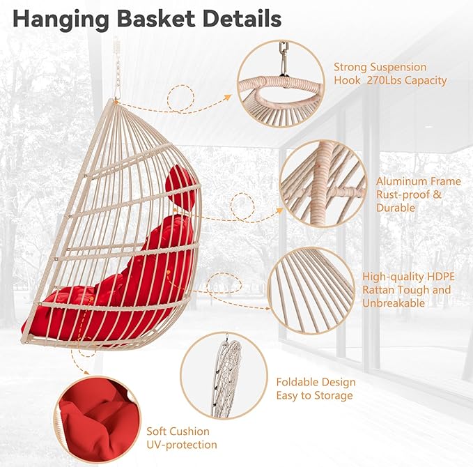 Hanging Egg Chair with Pillow HDPE Rattan Foldable Swing Chair with Aluminum Frame &amp UV Resistant Cushion Hammock Egg Basket Without Stand for Indoor Outdoor 350Lbs Capacity (Red Cushion)