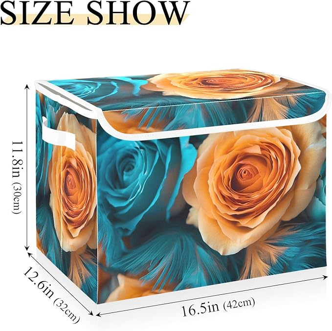 AIXIWAWA Lidded Storage Cube (Green Orange Floral) Fabric Foldable Closet Bins with Flip Lid and Handles Organizer Basket Container 16.5 x 12.6 x 11.8 IN