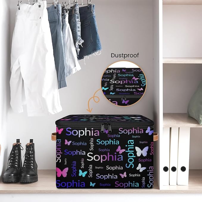 Custom Storage Bins with Zipper Lid Personalized Purple Pink Green Butterfly Fabric Lidded Storage Baskets Boxes Foldable Cubes Clothes Organizer Container