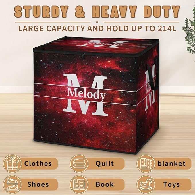 Personalized Name Foldable Storage Basket Cubes with Lid Laundy Hamper Dirty Clothes Pet Toys Storage Bin with Handles for Shelf Home Closet Kitchen Red Galaxy Universe with Initial Letter
