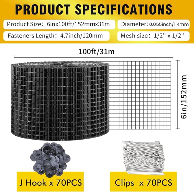 6in X 100ft Solar Panel Bird GuardSolar Panel roof Protection net 1/2inch Mesh PVC Black Vinyl Coated Galvanized net 70 Fastener ClipsUsed for BirdAnimal Control