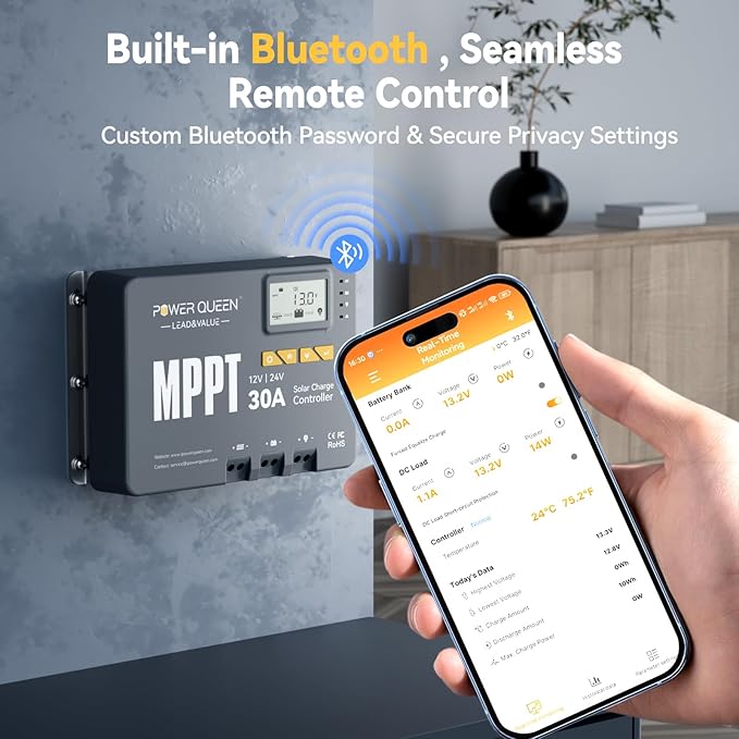 Power Queen 30 Amp MPPT 12V/24V Solar Charge Controller with Built-in BluetoothSupport Remote MonitoringDefault for LiFePO4 Batteries and Compatible with Sealed Flooded Gel and Lead-Acid Battery