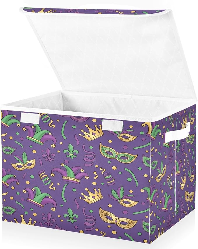 Collapsible Storage Bins with Lids Mardi Gras Carnival (2) Foldable Fabric Organizer Baskets for Closet Home &amp Seasonal Decor 16.5x12.6x11.8 Inches