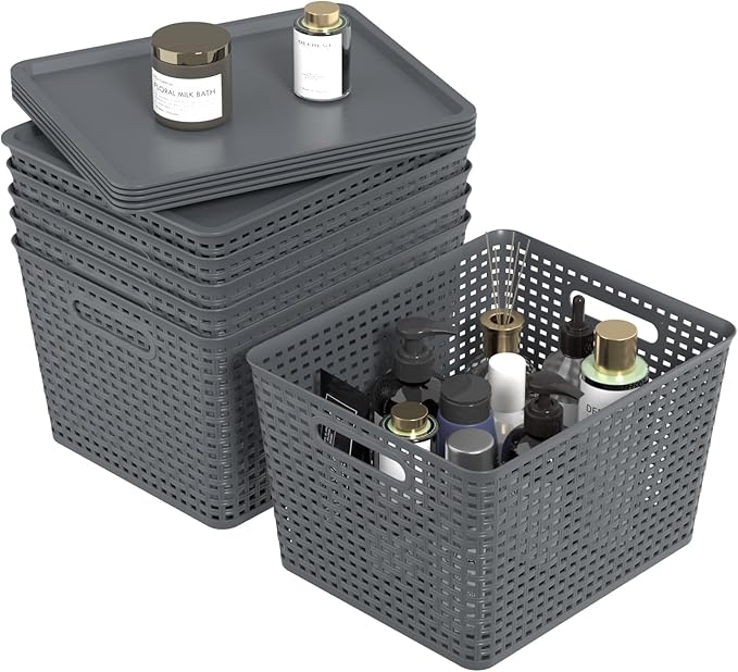6-Pack Large Plastic Storage Baskets Bins with Lid Ideal for Barthroom Kitchen Pantry Closets Organizing Gray
