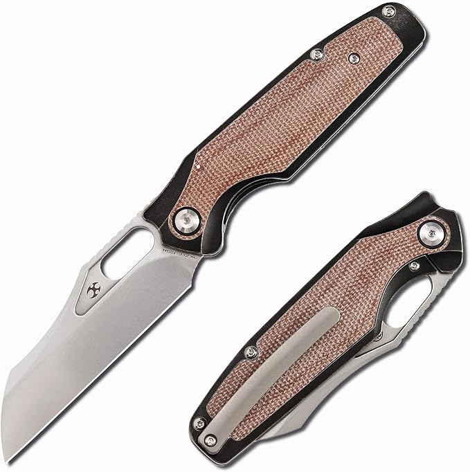 KANSEPT Tuckamore Camping Pocket Knives for Men 8.12in Folding Knives with 3.54in Stonewashed CPM 20CV Material and Black Stonewashed Titanium Brown Micarta Handle for Outdoor Tactical Survival K105