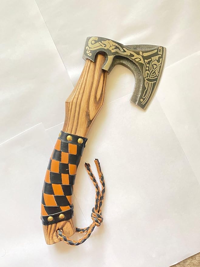 13” Inch Valhalla Axe – Carbon Steel Viking Axe Head with Engraved Handle Hatchet Axe with Genuine Leather Sheath and Wrap Camping Axe Throwing Axe -Viking Gift for Men