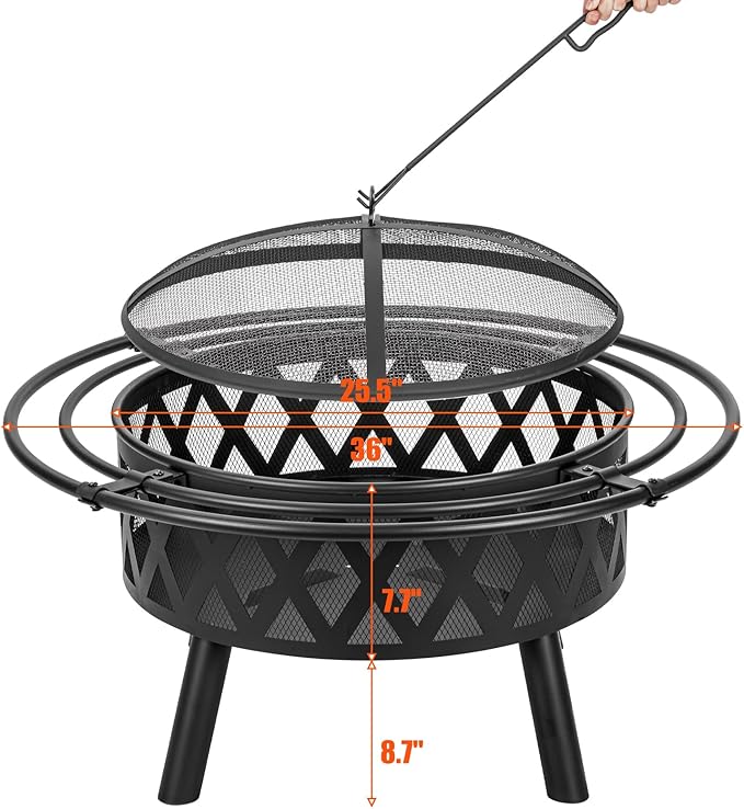 EcoNook 36 Inch Wood Burning Fire Pit with 2 Loops Outdoor Fire Pit with Spark Screen &amp Fire Poker Cross Weave Firepit for Outside Fireplace Bonfire for YardPatio Garden