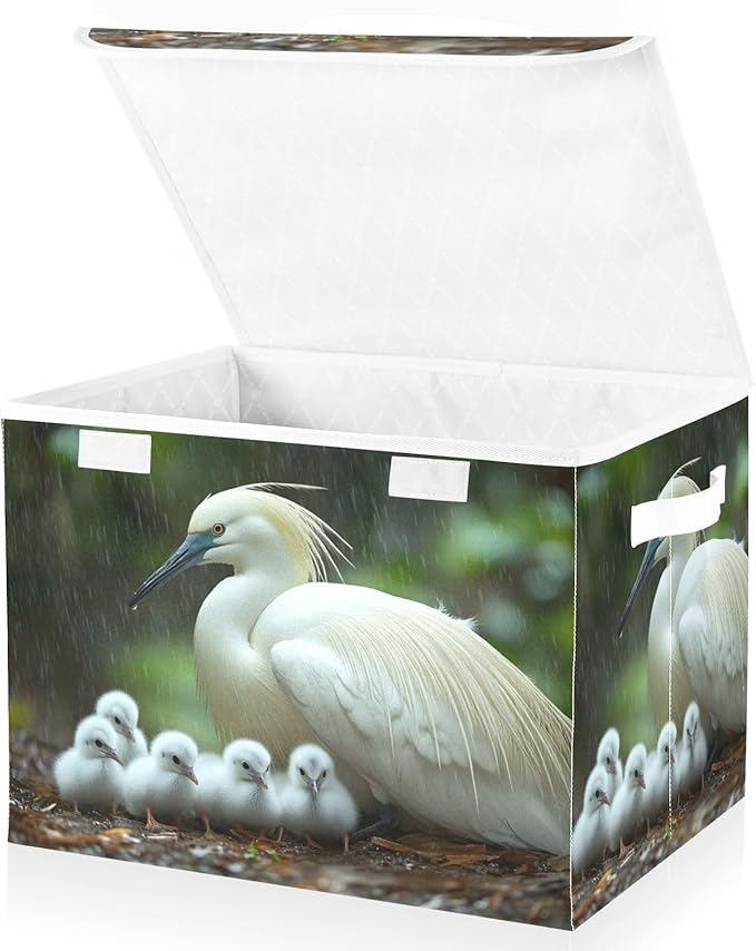 AIXIWAWA Lidded Storage Cube (White Bird Family) Fabric Foldable Closet Bins with Flip Lid and Handles Organizer Basket Container 16.5 x 12.6 x 11.8 IN