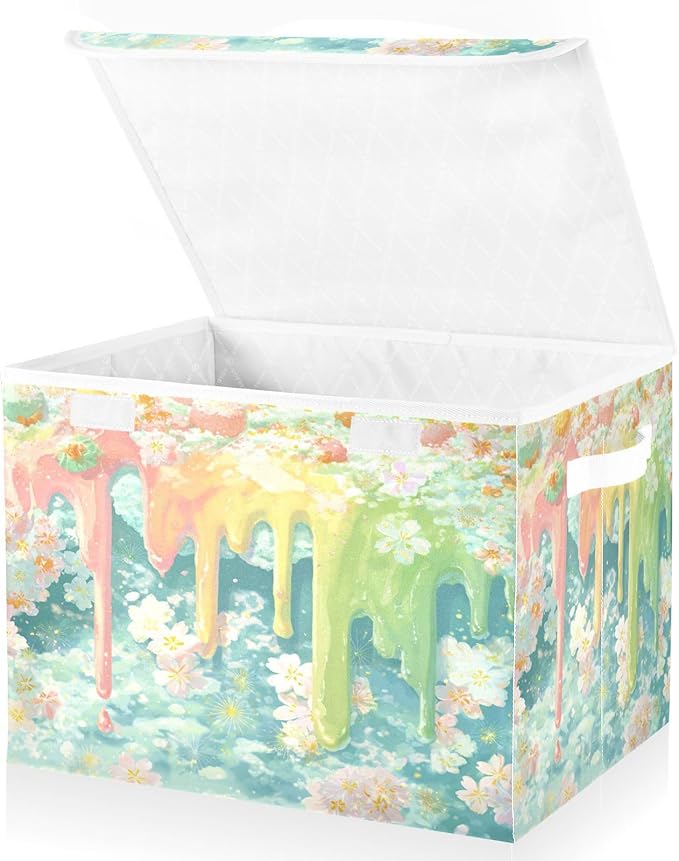 Storage Bins With Lid Stackable Fabric Closet Organizer Clothing Storage Large Boxes For Closet Shelves Bedroom Blue Flowers Meltingicecream Stars Soft