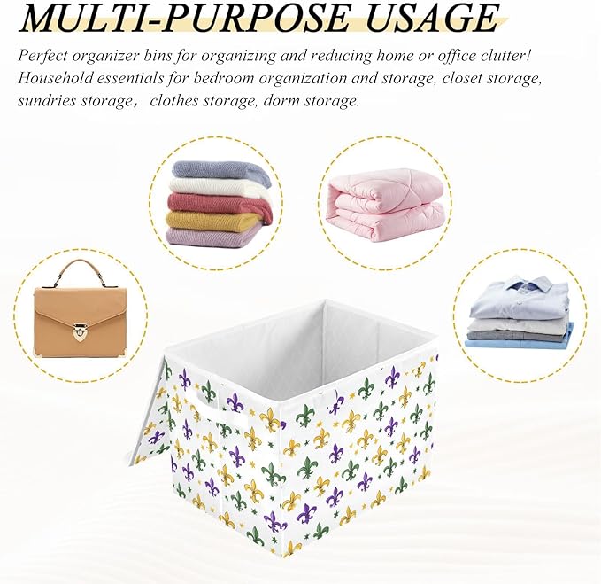 White Fleur De Lis Star Mardi Gras Storage Box with Lid 1 PC Foldable Storage Bin with Lids Stackable Storage Bins Cube Closet Organizer Basket with Flip-Top Lid &amp Handles for Shoes Books Towels