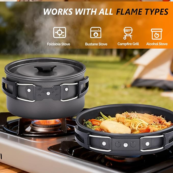 ROVSUN 34/10/6 pcs Camping Cookware Mess Kit Lightweight Non-Stick Camping Cooking Pot and Pan Set with Stainless Steel Camping Gear Kettle Cup for Open Fire Backpacking Outdoor Cooking