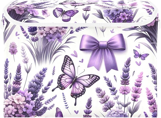 susiyo Large Foldable Storage Bin with Flip-Top Lid Lavender Flowers Butterflies Storage Box Collapsible Closet Organizer Containers Boxes Decorative Baskets with Handles for Home Bedroom Living Room