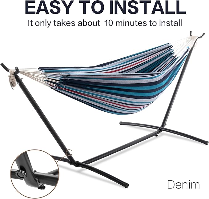 PNAEUT Double Hammocks with Stand for Outside Portable Space Saving Heavy-Duty Steel Stand for Indoor Outdoor Patio with Carrying Bag 450 lbs Capacity (Denim)