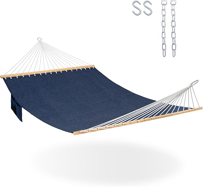 Lazy Daze Hammocks 11 FT Double Outside Hammock Quick Dry Olefin Fabric Hammock with Spreader Bar &amp Side Pocket for Outdoor Poolside Backyard 450 lbs Capacity Heather Navy