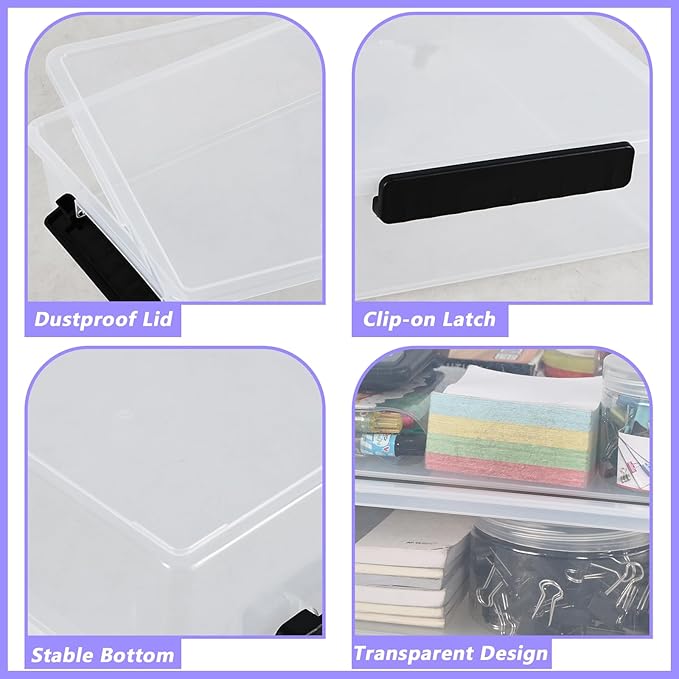 Wekioger 6 Quart Clear Flat Organizer Box with Lid Plastic File Storage Bin 4 Pack