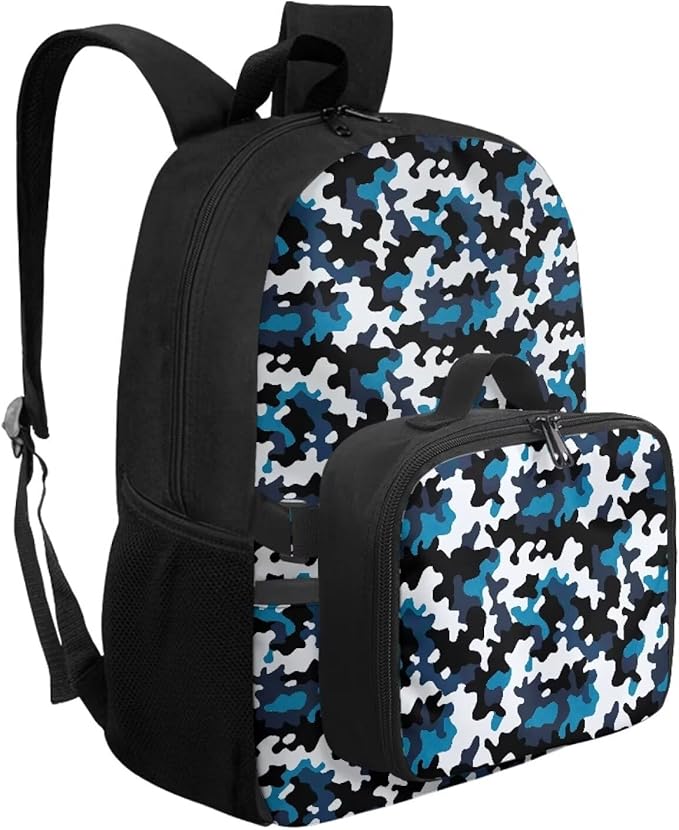Blue Camouflage Backpack for Men 17 Inch Bookbag with Lunch Box Large Capacity School Bag with Adjustable Shoulder Strap for Outdoor Travel Satchel Bag