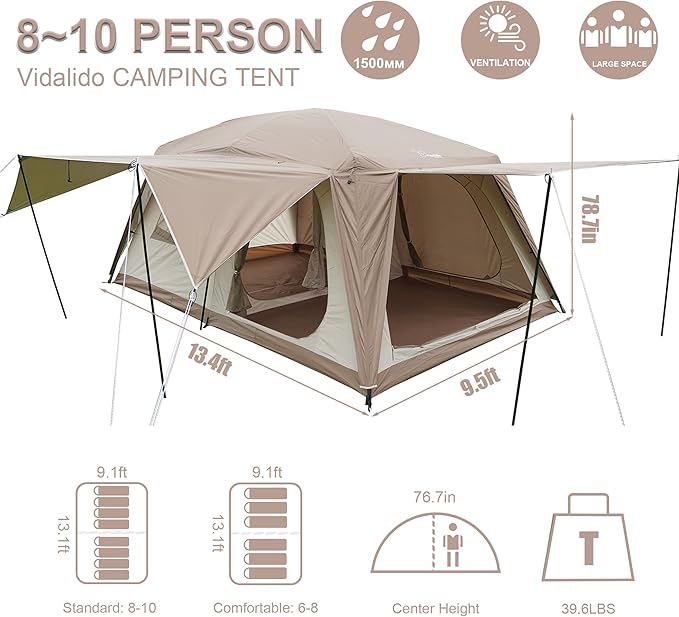 Vidalido 8-10 Person Camping Tent with 3 Door 2 Room Large Family Cabin Tents Double Layer Waterproof Portable Glamping Tent Big Tents for Outdoor Picnic Camping Hiking and Family Gathering
