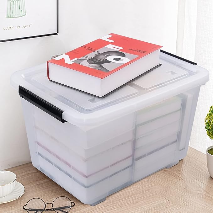 4 Packs 30 L Stackable Plastic Storage Bins with Lids and Wheels Latching Clear Storage Container Box