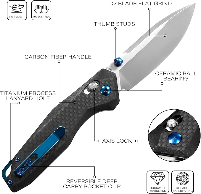 Dispatch Axis Lock Folding Pocket Knife with Clip 3.27 D2 Steel Blade and Carbon Fiber Handle Camping Folding Knives for Men Women Hiking Survival Pocketknife