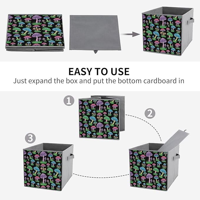 Fabric Storage Bins with Handles Neon Mushroom Foldable Collapsible Cube Organizer for Shelves Multi-Purpose Box for Bedroom Living Room Closet
