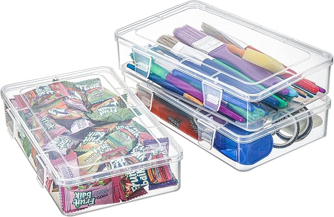 Kingrol 12 Pack Clear Plastic Storage Containers with Lids 8 x 5 x 1.75 Inch Empty Hinged Boxes Stackable Organizer Boxes for Home Office Craft Supplies
