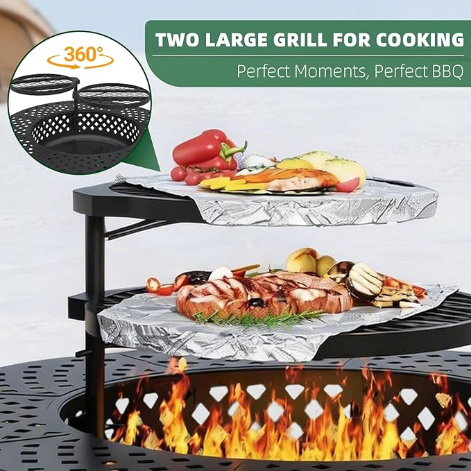 43 Inch Fire Pit with 2 Grill Outdoor Wood Burning Firepit with Lid Metal Round Table for Backyard Patio Garden Picnic Camping Bonfire