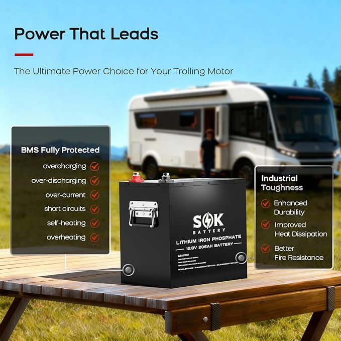 SOK Battery 12V 206Ah LiFePO4 Lithium Battery Deep Cycle Lithium Iron Phosphate Battery with Low-Temp Protection &amp Built-in Heater Suitable for RV and Solar &amp Wind Off-Grid Use