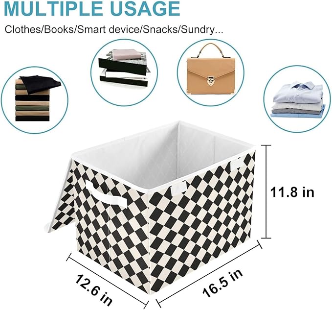 CaTaKu Large Fabric Storage Bins With LidsBlack and White Checkered Storage Boxes With Handles for Organizing Clothes Collapsible Storage Cube Bins Baskets for Shelves
