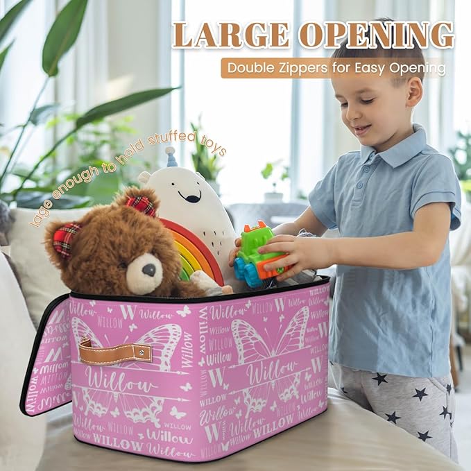Custom Storage-Box With Name Personalized Butterfly Keepsake Basket with Zipper Lid for Kids Memory Bin Foldable Fabric Large Capacity Containers with Handle