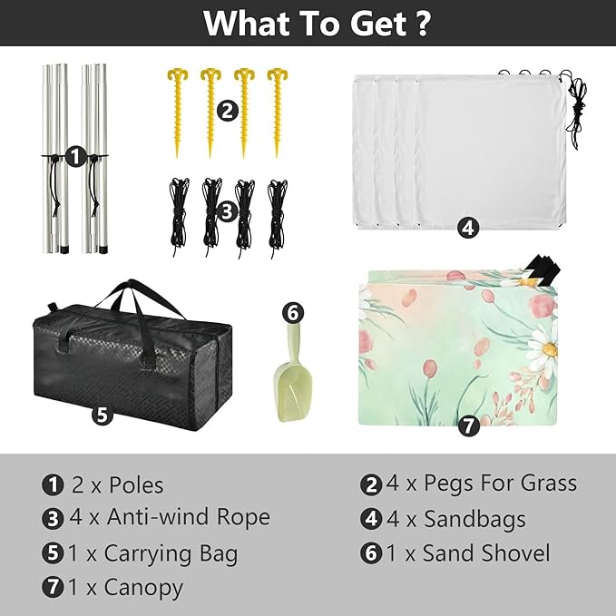 xigua Daisy Beach Tent Sun Shelter with Carrying Bag - Silver Coated Oxford Fabric Beach Canopy for Beach Camping Fishing - Includes Windproof Ropes Sandbags &amp Stakes