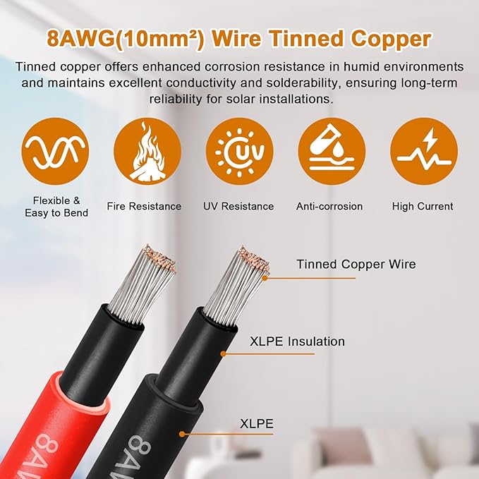 Solar Panel Wire 8 AWG(10mm²) - Solar Extension Cable 150Ft Black &amp 150Ft Red 8 Gauge Tinned Copper PV Wire for Outdoor Automotive RV Solar Panel Boat Marine (Black+Red)