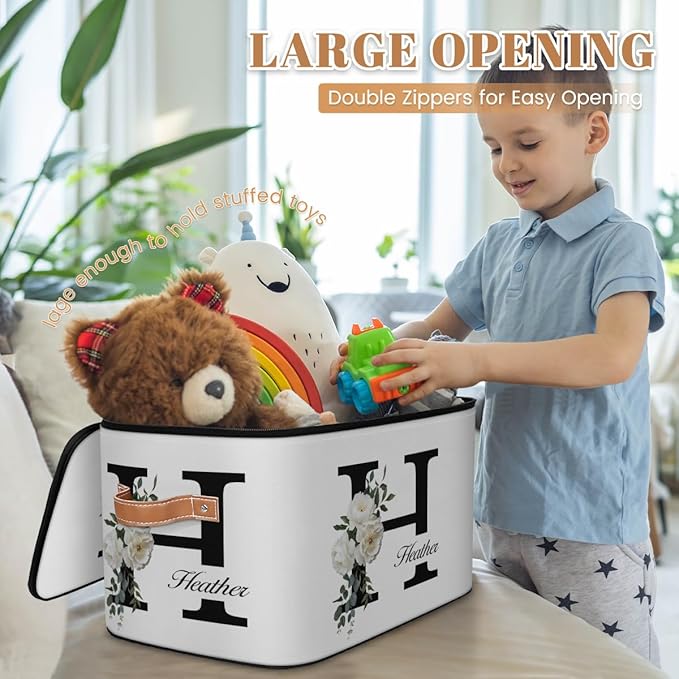 Custom Initials Floral Storage Bins with Lid Foldable Personalized Storage Basket Boxes with Handle Shelf Basket Closet Organizer Cube