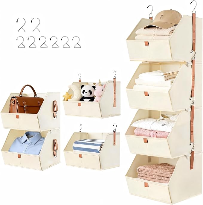 4 Tier Hanging Closet OrganizerDisassemblable Clothes Hanging ShelvesFabric Closet Organizer System for Space-SavingFoldable Storage Basket for Bedroom Rv (1 PackBeige)