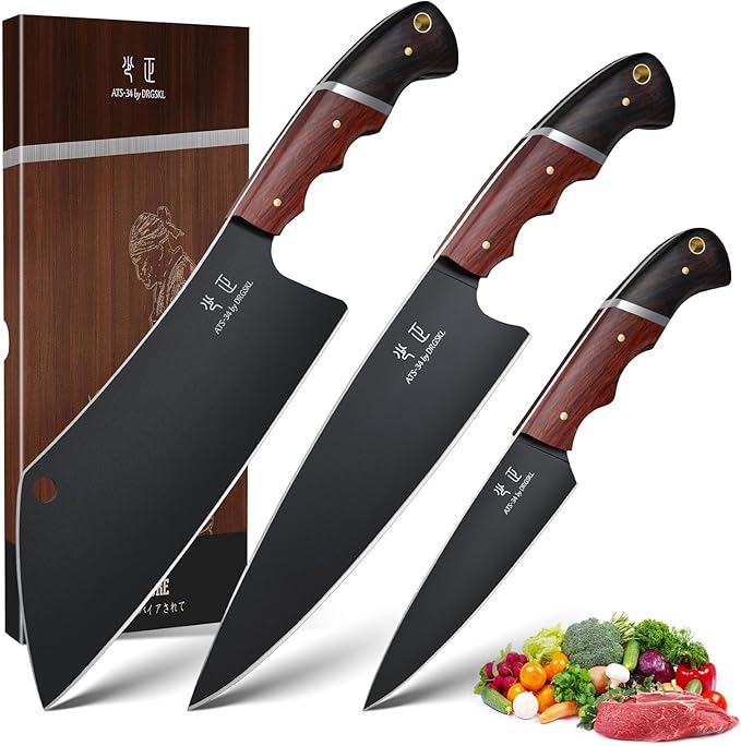 Japanese Chef Knife Set - 3 PCS Kitchen Utility Knife Sets for Cooking Meat Cleaver Knives Set with Full Tang Wooden Handle Gift for Birthday