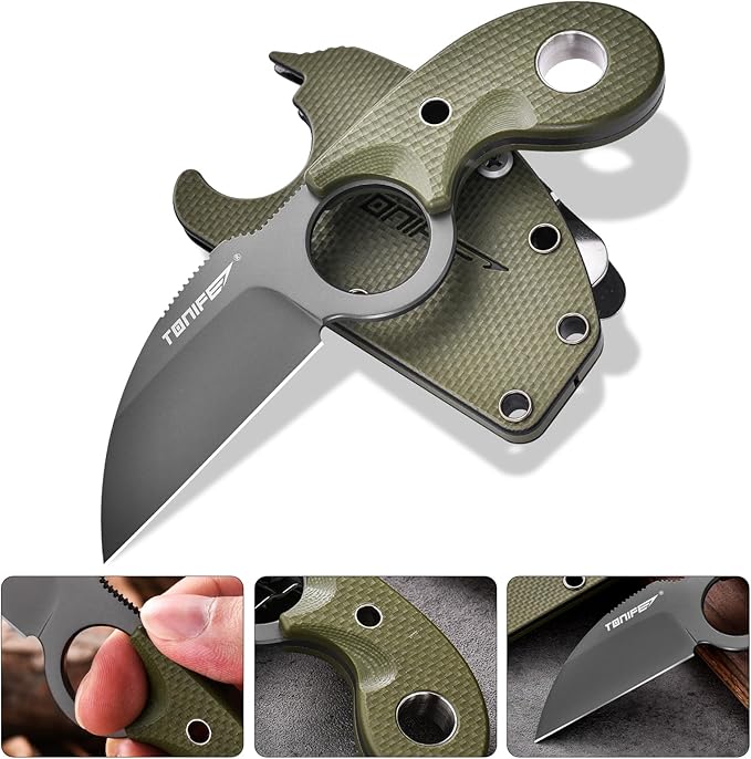 TONIFE Small Fixed Blade Knife Full Tang EDC Camping with Sheath Lanyard and Clip Blade Length 2.172.5 oz.with Sheath (Green - Gray Titanium)