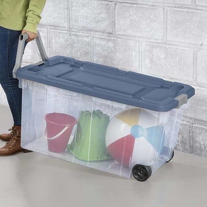 2-Pack 160-Quart Wheeled Storage Boxes - Extra Large Clear Plastic Bins with Blue Latch Lids Heavy Duty Rolling Totes for Garage Warehouse or Seasonal Storage