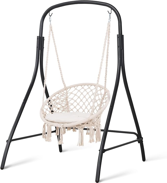 SUNCREAT Indoor Hammock Swing Chair with Stand Hanging Chair Outdoor with Stand 400 lbs Capacity Beige